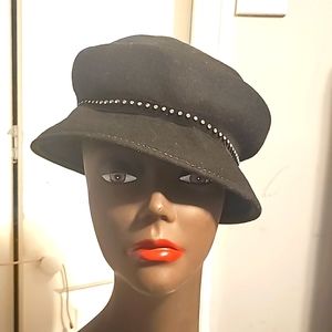 Wool Luxury Hat, Black, Trimmed w/Black Velvet Ribbon w/Attached Rhinestones